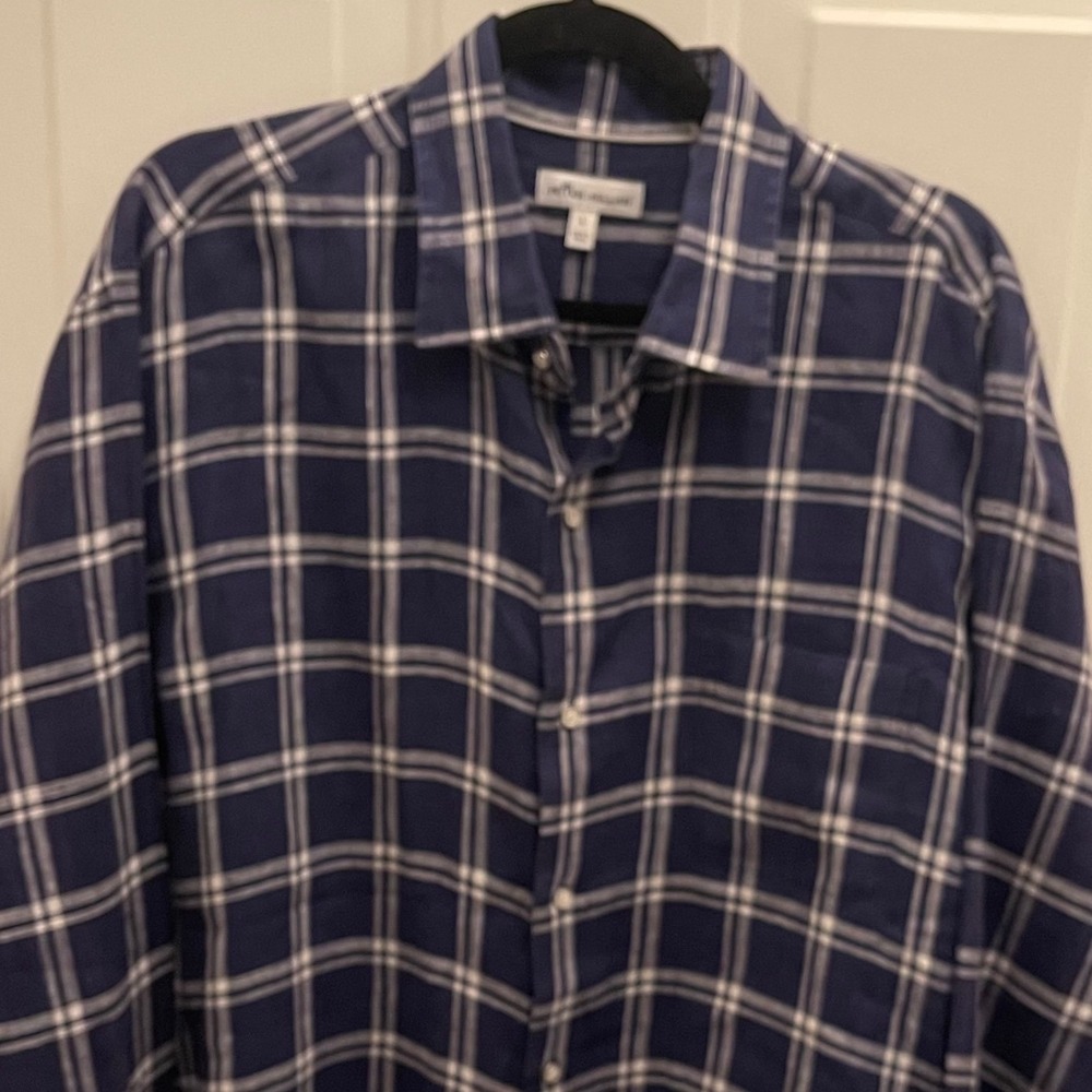Peter Millar Mens Large 100% Linen Button Down Shirt Navy Blue Plaid Windowpane